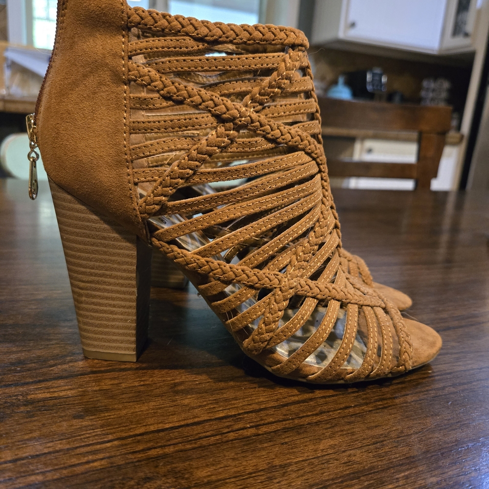 Guess Camel Braided Strappy Heels